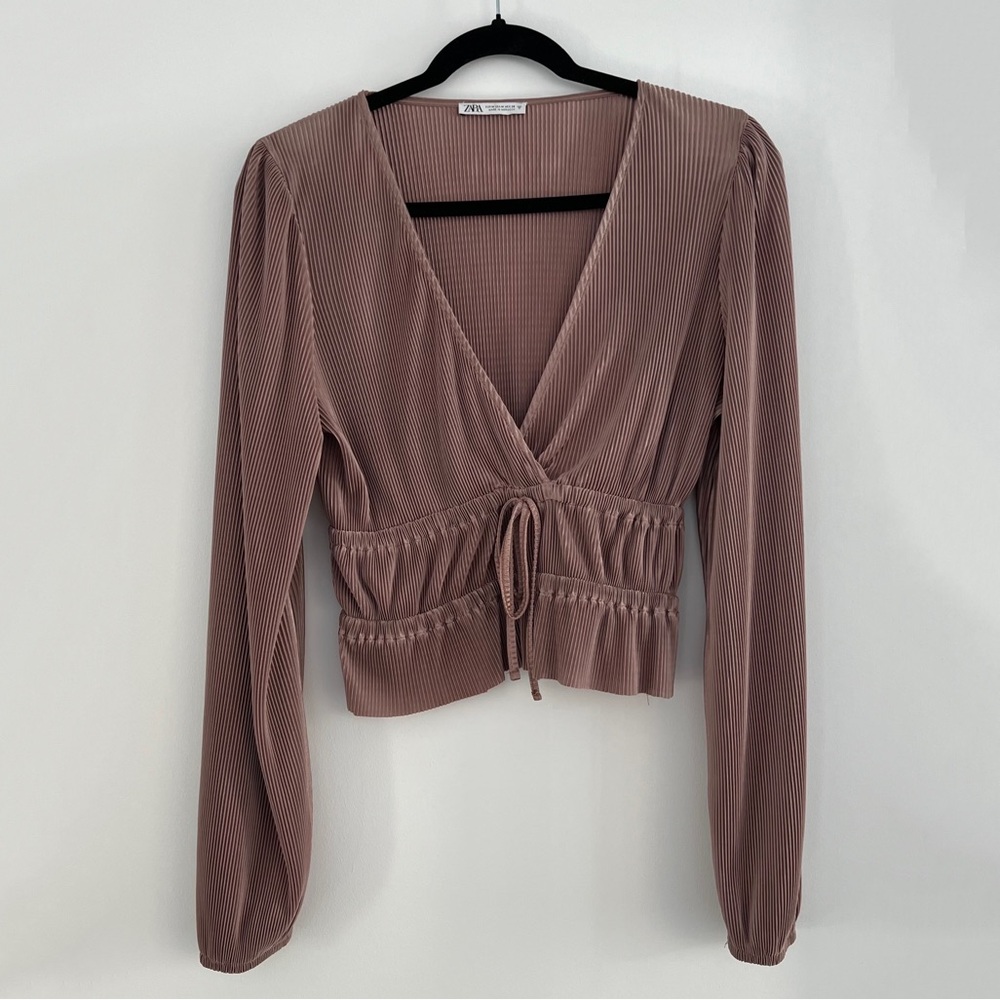 ZARA Pleated V Neck Long Sleeve Ribbed Metallic Mauve Top Size M (like new)